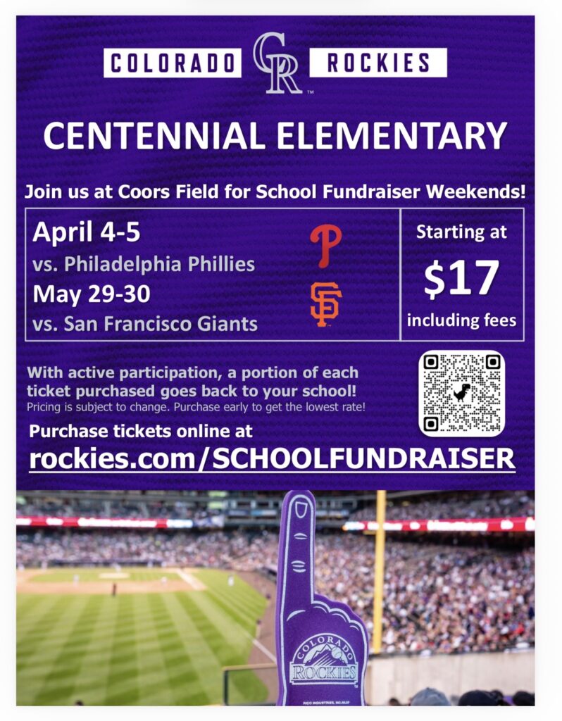 Fundraiser for Centennial Elementary at Coors Field, April 4-5 and May 29-30. Tickets start at $17.