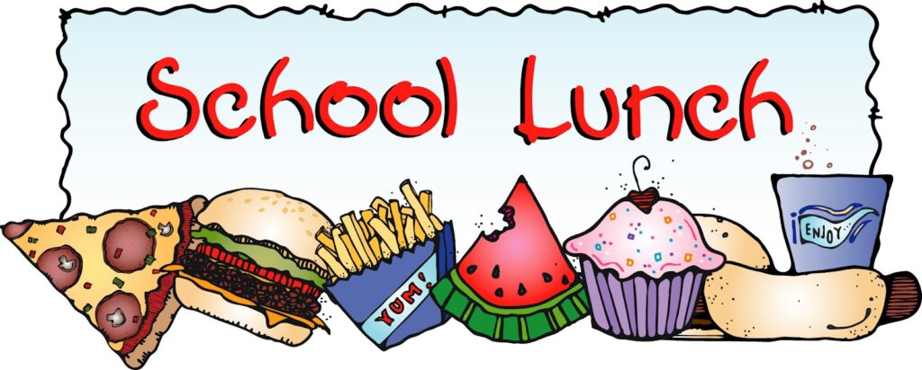 Colorful illustration of various school lunch foods, including pizza, burger, fries, watermelon, cupcake, and drink.