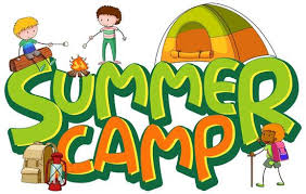 Colorful illustration of the words "Summer Camp" with kids around a tent, campfire, and camping gear.