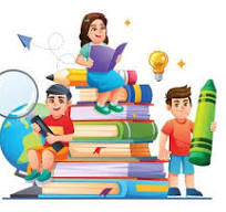 Three children are sitting on a stack of colorful books, holding a book, a tablet, and a crayon. A globe and lightbulb are nearby.