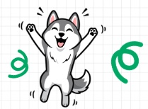 A cheerful cartoon husky dog is jumping with its paws raised, surrounded by playful green swirls.