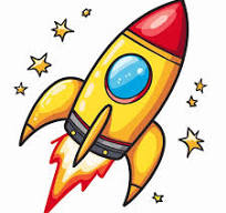 A colorful cartoon rocket with a red tip, yellow body, and flames, surrounded by stars.