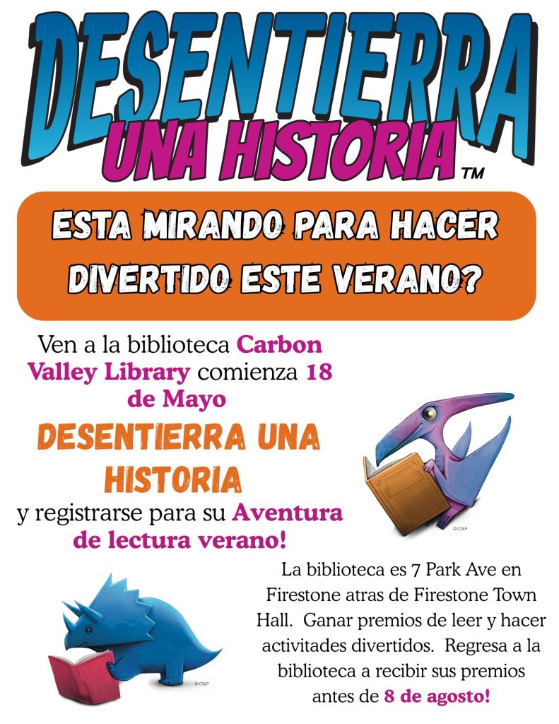 Cartel a todo color que promociona un programa de lectura de verano en Carbon Valley , con dinosaurios de dibujos animados y libros.