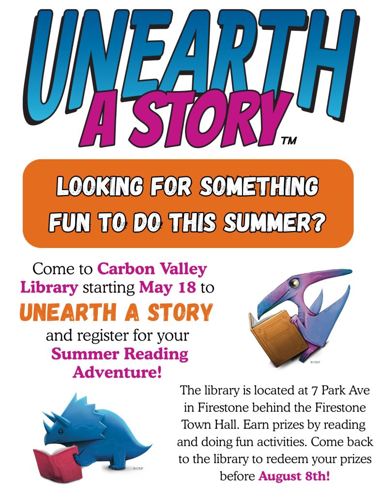 Cartel a todo color que promociona el programa de lectura de verano Carbon Valley , «Unearth a Story», que comienza el 18 de mayo.