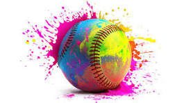 Una colorida pelota de béisbol salpicada de pintura de vivos colores —rosa, azul, verde y amarillo— sobre un fondo blanco.